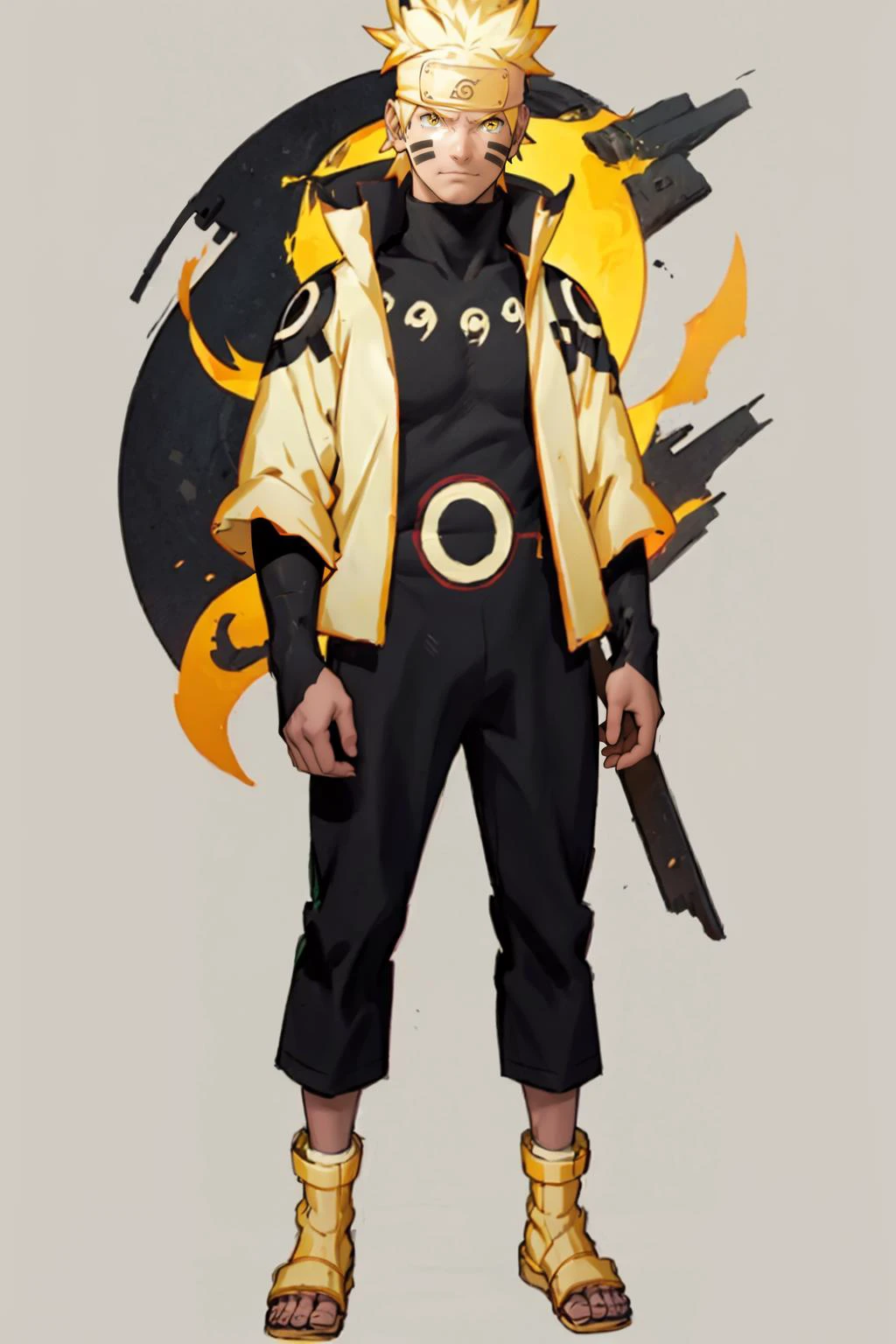 best quality, Mature male, Looking straight at the camera, <lora:Naruto_SixPaths-10:.9> Naruto, 1boy, yellow eyes, symbol-shape pupils, gold hair, headband, facial mark, Black bodysuit, tomoe \(symbol\), golden jacket, high collar, full body, golden sandals