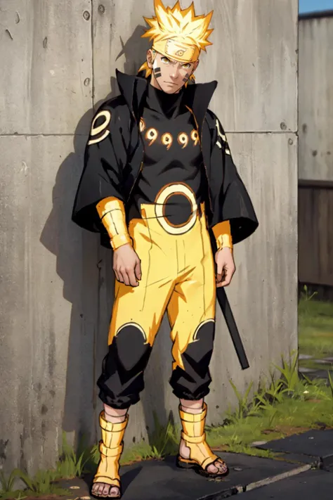 best quality, Mature male, leaning against a wall, <lora:Naruto_SixPaths-10:.9> Naruto, 1boy, yellow eyes, symbol-shape pupils, gold hair, headband, facial mark, Black bodysuit, tomoe \(symbol\), golden jacket, high collar, full body,  golden sandals