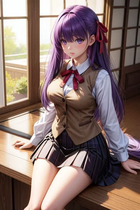 <lora:add_detail:0.5> <lora:copax_charm_eu:0.0> (1girl,3d, photorealistic,masterpiece, best quality, intricate, skin indentation), face surprised, portrait view, seductive pose, in a Japanese house, flowers, <lora:hairdetailer:0.5>
sakura matou, hair bow, hair ribbon, long hair, (purple eyes:1.1), purple hair, ribbon,black skirt, brown vest, homurahara academy school uniform, kneehighs, long sleeves, miniskirt, neck ribbon, school uniform, shirt, skirt, socks, vest, white shirt, white socks
<lora:sakuramatoutest:1>