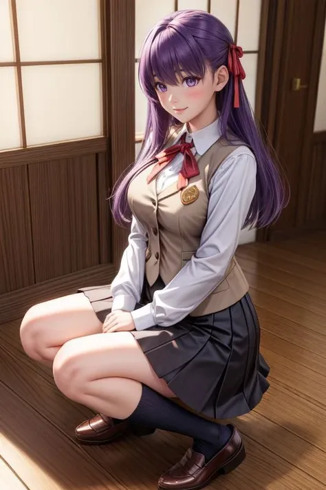 <lora:add_detail:0.5> <lora:copax_charm_eu:0.0> (1girl,3d, photorealistic,masterpiece, best quality, intricate, skin indentation), face smiling, full body view, seductive pose, in a Japanese house, flowers,  <lora:hairdetailer:0.5>
sakura matou, hair bow, hair ribbon, long hair, (purple eyes:1.1), purple hair, ribbon,black skirt, brown vest, homurahara academy school uniform, kneehighs, long sleeves, miniskirt, neck ribbon, school uniform, shirt, skirt, socks, vest, white shirt, white socks
 <lora:sakuramatoutest:1>