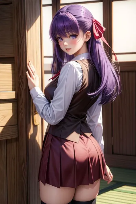 <lora:add_detail:0.5> <lora:copax_charm_eu:0.0> (1girl,3d, photorealistic,masterpiece, best quality, intricate, skin indentation), face happy, from back view, seductive pose, in a Japanese house, flowers,  <lora:hairdetailer:0.5>
sakura matou, hair bow, hair ribbon, long hair, (purple eyes:1.1), purple hair, ribbon,black skirt, brown vest, homurahara academy school uniform, kneehighs, long sleeves, miniskirt, neck ribbon, school uniform, shirt, skirt, socks, vest, white shirt, white socks
 <lora:sakuramatoutest:1>