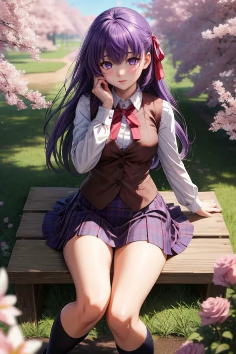 <lora:add_detail:0.5> <lora:copax_charm_eu:0.0> (1girl,3d, photorealistic,masterpiece, best quality, intricate, skin indentation), face surprised, full body view, seductive pose, in a flowers field,roses,  <lora:hairdetailer:0.5>
sakura matou, hair bow, hair ribbon, long hair, (purple eyes:1.1), purple hair, ribbon,black skirt, brown vest, homurahara academy school uniform, kneehighs, long sleeves, miniskirt, neck ribbon, school uniform, shirt, skirt, socks, vest, white shirt, white socks
 <lora:sakuramatoutest:1>