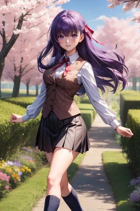 Yuno Gasai (Future Diary), solo, detailed, high quality, 4K,  figure, 32A breasts, delicate features, gentle smile, Japanese school background with cherry blossoms, vibrant colors, nipples slightly visible, lively gaze, correct proportions, symmetrical composition