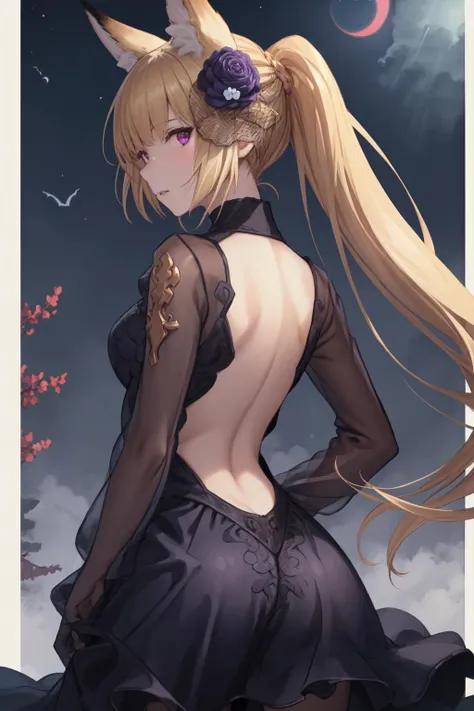 1girl, fox ears, purple eyes, <lora:YuisisDress0.5:0.5>, medieval, dawn, night sky,, ((Cowboy Shot, Shoulder Level Shot, Full Back Camera Staging, From Behind, Looking Away From Viewer, Behind, Back)),