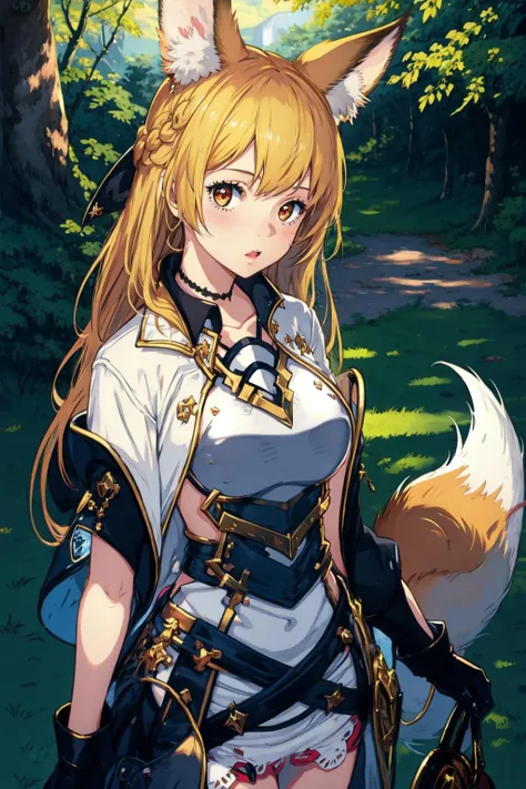 best quality, expressive eyes, perfect face, Beautiful Girl, Pleated Skirt, Armored Blouse, Leather Corset, Gilded Accents, attractive, athletic, Lush Reddish hair, Medium-length Hair, (Natural Fox Ears, Fluffy Fox Tail, Orange Fur), Huge breasts, Very Large Breasts, Beautiful Blue eyes, Forested Mountain background,