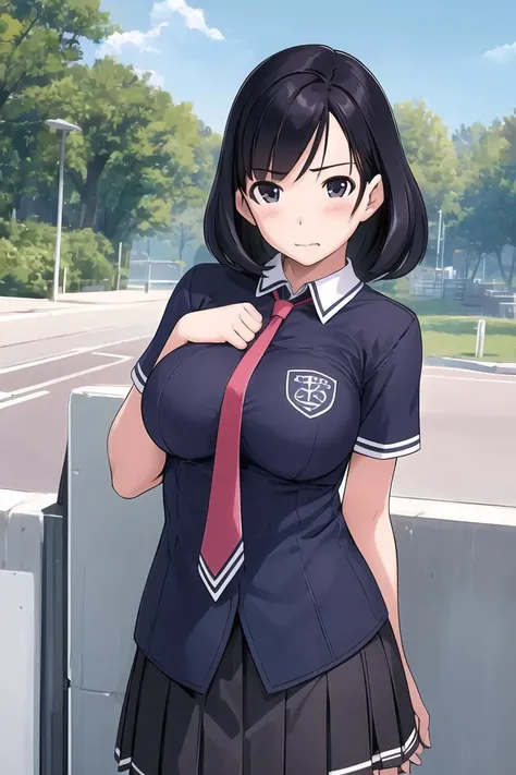 ((masterpiece)), (best quality), (detailed), (1 girl),<lora:Style04KG-12:0.8>,school uniform,long pleated skirt,large breasts,blush,short black hair,standing,cowboy shot,necktie