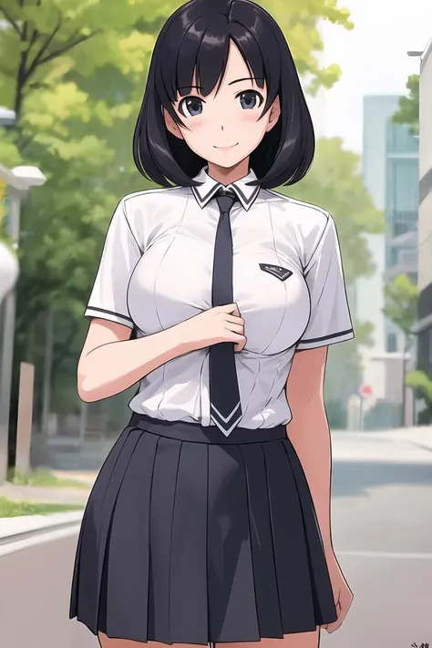 ((masterpiece)), (best quality), (detailed), (1 girl),<lora:Style04KG-12:0.8>,school uniform,long pleated skirt,large breasts,blush,short black hair,standing,cowboy shot,necktie,smile,black shirt