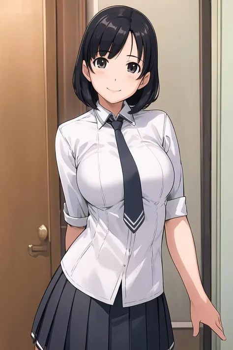 ((masterpiece)), (best quality), (detailed), (1 girl),<lora:Style04KG-12:0.8>,school uniform,long pleated skirt,large breasts,blush,short black hair,standing,cowboy shot,necktie,smile,black shirt