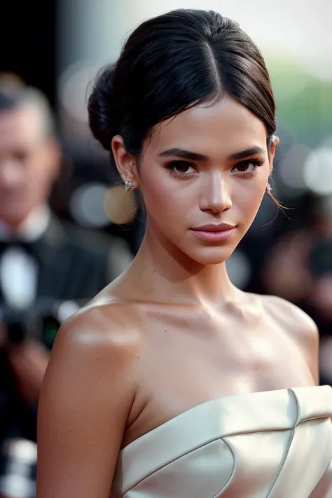 vintage photo of beautiful (brmarqu3z1n3:0.99), a woman in a (movie premiere gala:1.1), perfect hair, hair upsweep updo, wearing sexy Dirt Brown (shoulder sash), (paparazzi in background:1.1), (outside a movie theater), (smiling, face focus), (vintage photo), modelshoot style, (extremely detailed CG unity 8k wallpaper), professional majestic (photography by richard avedon:1.1), 24mm, exposure blend, hdr, extremely intricate, High (Detail:1.1), dramatic, soft cinematic light, (looking at viewer), (detailed pupils), 4k textures, soft cinematic light, elegant, ((((cinematic look)))), soothing tones, insane details, hyperdetailed, (closeup)
