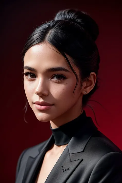 photo of beautiful (brmarqu3z1n3:0.99), a woman with perfect hair upsweep updo, wearing (suit:1.1), (cute smile:1.1), (plain red background:1.1), modelshoot style, (extremely detailed CG unity 8k wallpaper), professional majestic photography, ((slightly open mouth)), (closeup portrait), (Canon A2/A2e Camera), 24mm, exposure blend, hdr, faded, extremely intricate, High (Detail:1.1), Sharp focus, dramatic, soft cinematic light, (looking at viewer), (detailed pupils), 4k textures, soft cinematic light, adobe lightroom, photolab, elegant, ((((cinematic look)))), soothing tones, insane details, hyperdetailed, low contrast