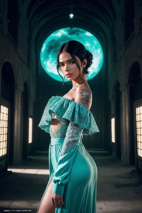 a movie poster of beautiful woman (JGbrmarqu3z1n3:.99): a woman at a (archaic ominous building:1.1), perfect hair, hair upsweep updo, wearing sexy turquoise (Off-Shoulder Top), (crowd in background:1.1), (gloomy), (cosmic horror:1.2), (pervpulp15:1.2), cover art, movie title, horror movie poster, tattoos, (face focus), modelshoot style, (extremely detailed CG unity 8k wallpaper), professional majestic (photography by Richard Hamilton:1.1), 24mm, exposure blend, hdr, extremely intricate, High (Detail:1.1), dramatic, soft cinematic light, (looking at viewer), (detailed pupils), 4k textures, soft cinematic light, elegant, ((((cinematic look)))), soothing tones, insane details, hyperdetailed, ("In Jernau we trust!":1.1)