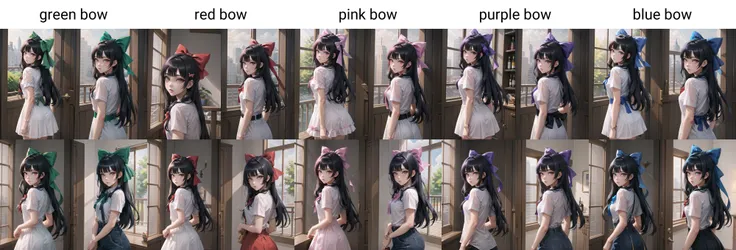 Highly detailed, High Quality, Masterpiece, beautiful, BackHairRibbon, <lora:BackHairRibbon:1>, 1girl, solo, hair bow, green bow, bow, cowboy shot, black hair, long hair, red eyes, shirt, white shirt