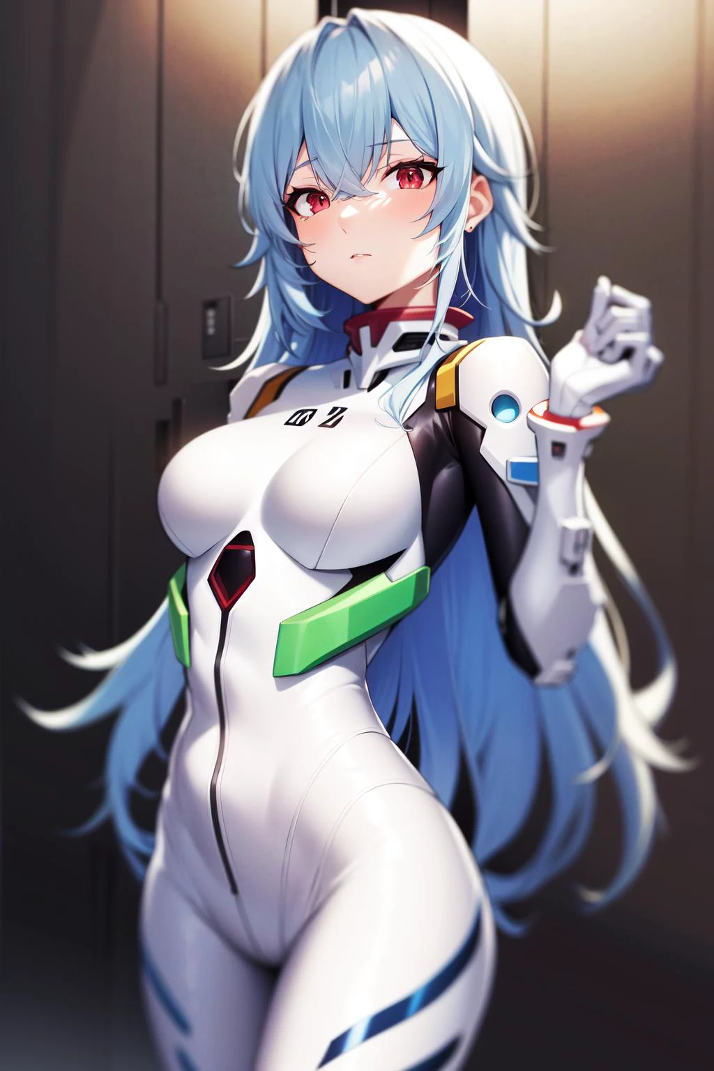 absurdres, best quality, 1girl, solo, looking at viewer, eye focus, <lyco:GoodHands-beta2:1.0>, <lora:rei_evangelion:0.5>, rei_evangelion, light blue hair, red eyes, long hair, absurdly long hair, kinky hair, curly hair, plugsuit, pilot suit, interface headset, white bodysuit, white pilot suit, white plugsuit, (messy hair:1), (expressionless:1)