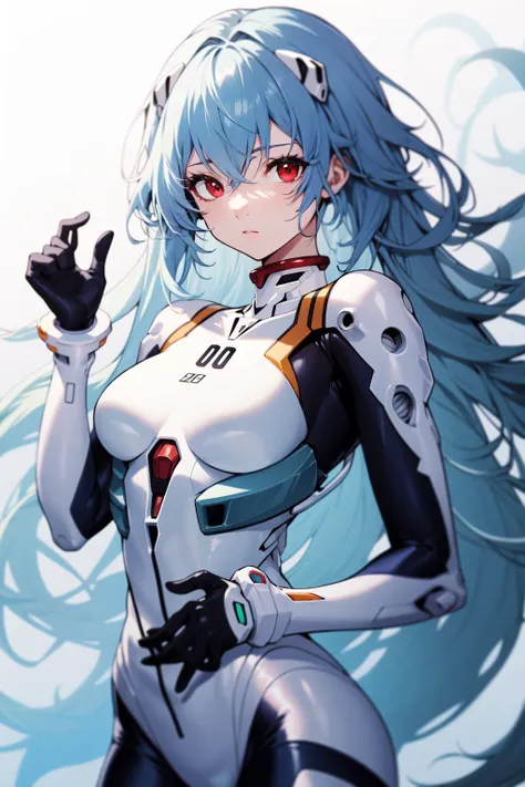 absurdres, best quality, 1girl, solo, looking at viewer, eye focus, <lyco:GoodHands-beta2:1.0>, <lora:rei_evangelion:0.5>, rei_evangelion, light blue hair, red eyes, long hair, absurdly long hair, kinky hair, curly hair, plugsuit, pilot suit, interface headset, white bodysuit, white pilot suit, white plugsuit, (messy hair:1), (expressionless:1)