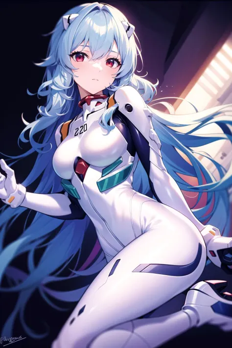 absurdres, best quality, 1girl, solo, looking at viewer, eye focus, <lyco:GoodHands-beta2:1.0>, <lora:rei_evangelion:0.5>, rei_evangelion, light blue hair, red eyes, long hair, absurdly long hair, kinky hair, curly hair, plugsuit, pilot suit, interface headset, white bodysuit, white pilot suit, white plugsuit, (messy hair:1), (expressionless:1)