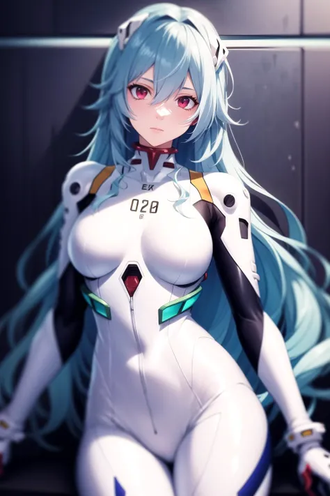 absurdres, best quality, 1girl, solo, looking at viewer, eye focus, <lyco:GoodHands-beta2:1.0>, <lora:rei_evangelion:0.5>, rei_evangelion, light blue hair, red eyes, long hair, absurdly long hair, kinky hair, curly hair, plugsuit, pilot suit, interface headset, white bodysuit, white pilot suit, white plugsuit, (messy hair:1), (expressionless:1)