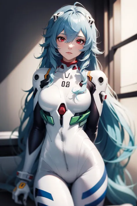 absurdres, best quality, 1girl, solo, looking at viewer, eye focus,  <lyco:GoodHands-beta2:1.0>,  <lora:rei_evangelion:0.5>, rei_evangelion, light blue hair, red eyes, long hair, absurdly long hair, kinky hair, curly hair, plugsuit, pilot suit, interface headset, white bodysuit, white pilot suit, white plugsuit, (messy hair:1), (expressionless:1)