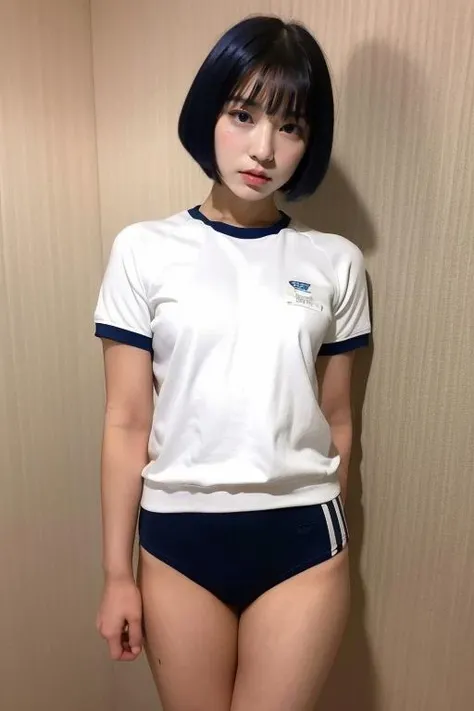 <lora:buruma-v1:0.9>, (8k, RAW photo, best quality, masterpiece:1.2), (realistic, photo-realistic:1.4), (extremely detailed 8k wallpaper), Japanese pretty woman in school. blue buruma, short bob hair, black hair, standing