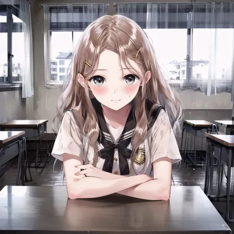 high quality, best quality, masterpiece, absurdres, lime, uniform, 1girl, <lora:shijou-000004:0.75>, classroom, smile, blush