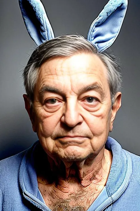 RAW photo mugshot of 50r05 wearing a fuzzy blue bunny onesie