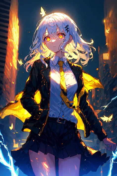 1girl, masterpiece, extremly detailed, ((Cinematic lighting)), (glowing), ((dramatic lighting)), ((beautiful detailed glow)), intricate detail, lens flare, finely detailed beautiful face and eyes, white hair, yellow eyes, soft glowing eyes, expressionless, staring, medium hair, bangs, floating hair, (psychic), (electricity), cowboy shot, hands in pocket, black jacket, open jacket, white shirt, yellow necktie, glowing hair, black skirt, fluttering clothes, yellow swirling around the character, (night), city, <lora:nijiglow.v1-000009:0.8>