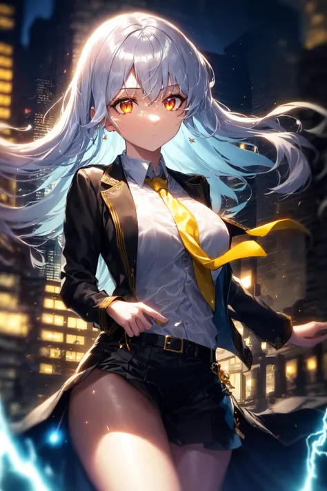 1girl, masterpiece, extremly detailed, ((Cinematic lighting)), (glowing), ((dramatic lighting)), ((beautiful detailed glow)), intricate detail, lens flare, finely detailed beautiful face and eyes, white hair, yellow eyes, soft glowing eyes, expressionless, staring, medium hair, bangs, floating hair, (psychic), (electricity), cowboy shot, hands in pocket, black jacket, open jacket, white shirt, yellow necktie, glowing hair, black skirt, fluttering clothes, yellow swirling around the character, (night), city, <lora:nijiglow.v1-000009:0.8>