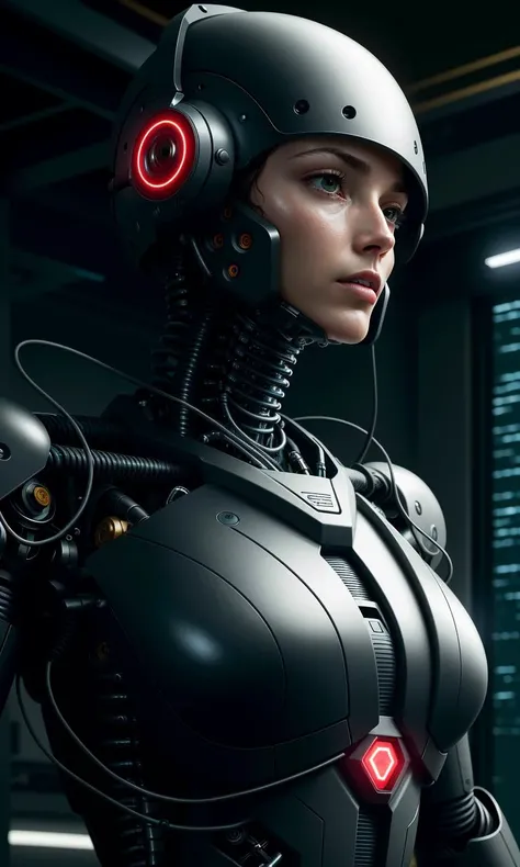 A robot lying on a black background, in the style of supernatural realism, photorealistic detailing, filip hodas, focus on joints/ connections, detailed character illustrations, intel core, made of vines m, Robots from a future sci fi , in the style of realistic hyper - detail, cyberpunk dystopia, strong facial expression, intricately sculpted, two dimensional, maidcore, ue5,