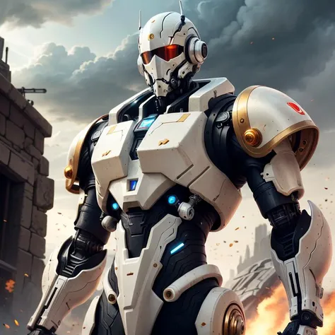 Male Soldier fully geared, solo, upper body, looking down, detailed background, detailed face, (<lyco:DecorationBundlev2:0.4>, ivorygoldai, ivory-gold theme:1.1), android, cyborg, biomechanical limbs, cables, head tilted, emotionless, sleek design, digital implants, nanotechnology, gears, gadgets, powered by future tech, bright dark brown lights, energy pulse, scifi battle scene in background, cinematic atmosphere,