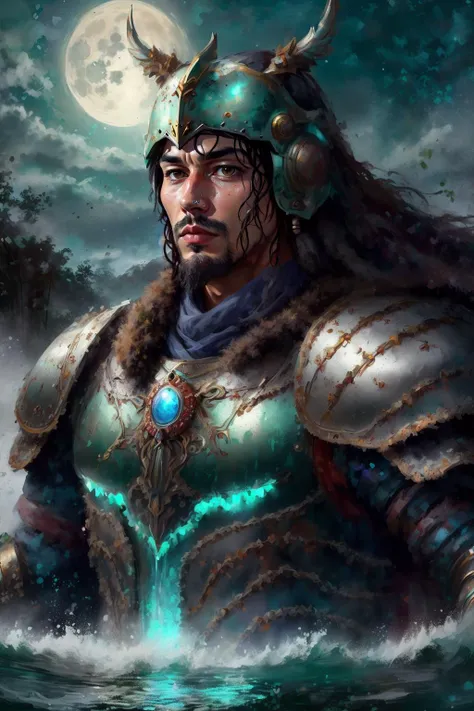 (Detailed), A powerful ninja named Akira, solo, upper body, looking up, detailed background, detailed face, (<lora:MongolPunkAI:0.6>, MongolPunkAI, mongolian theme:1.1) glowing eyes, green-knight, plant-based armor, union of ivy with armor, green magical lights, dynamic pose, graceful, nature powers, green mystical inscriptions on armor, green aura, magical plant growth,particle effets, thick waterfall in background, autumn, moonlight, ethereal atmosphere, , <lora:add_detail:0.5>