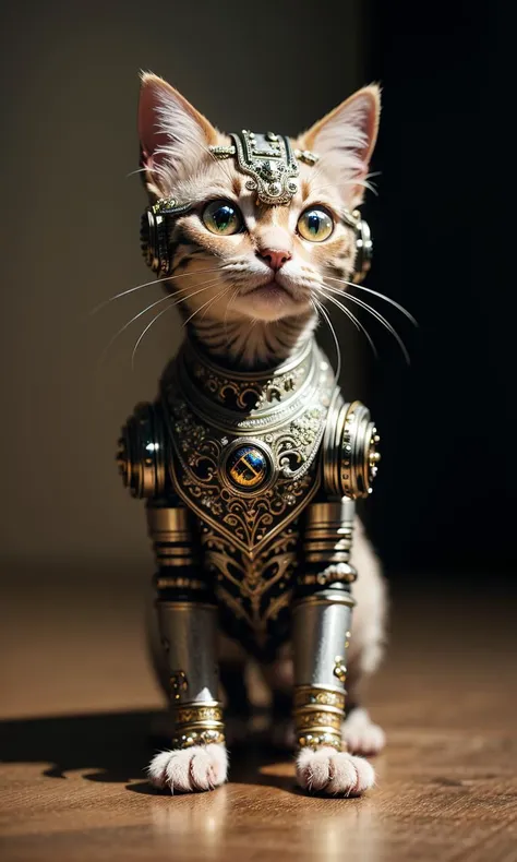 a cute kitten made out of metal, (cyborg:1.1), ([tail | detailed wire]:1.3), (intricate details), hdr, (intricate details, hyperdetailed:1.2), cinematic shot, vignette, centered,