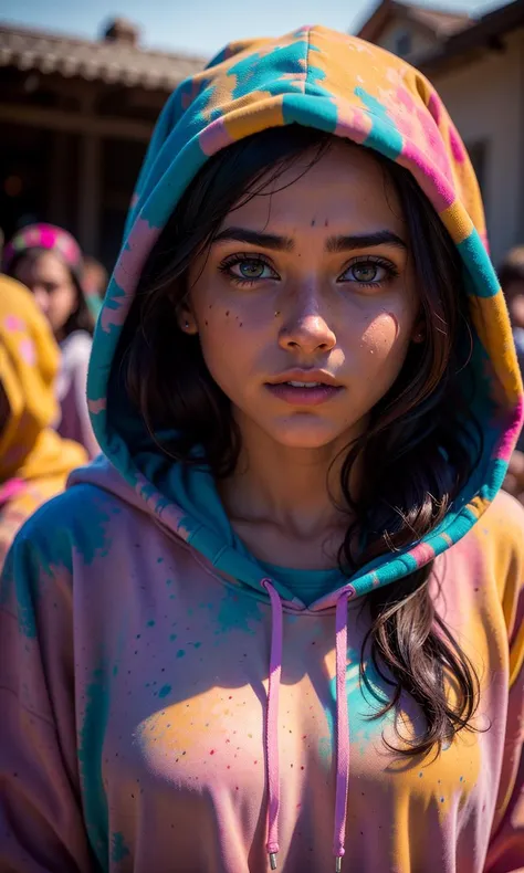 beautiful American college woman, wearing hoodie, looking at viewer, holi color festival, portrait, hyper detailed <lora:epiNoiseoffset_v2:1.2>, POV, by lee jeffries, nikon d850, film stock photograph, 4 kodak portra 400, camera f1.6 lens, rich colors, hyper realistic, lifelike texture, dramatic lighting, cinestill 800,