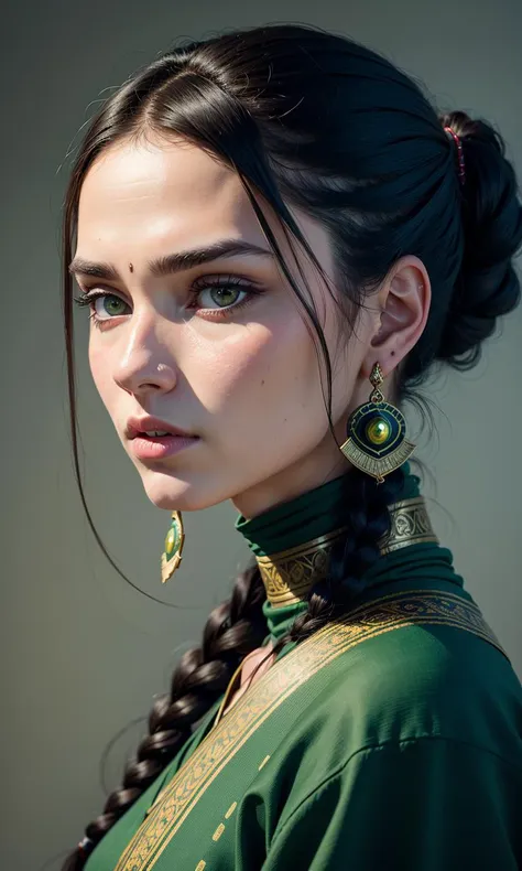 Protrait, photograph, androgynous hunnuman, oval jaw, delicate features, beautiful face, dreadlocked hair, long bangs, long ponytail, bright blue-green eyes, hindu art,