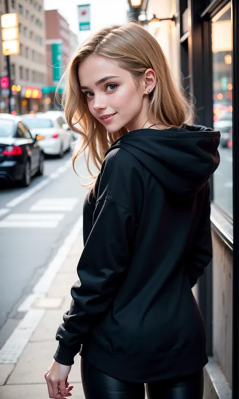 photo of a beautiful girl wearing casual shirt with a hoodie and leggings, city street, messy medium hair, slim body, view from back, medium upper body shot, looking at the camera, cute smile, shallow depth of field, 8k uhd, dslr, soft lighting, high quality, photorealistic, realism, hyperrealism, art photography,