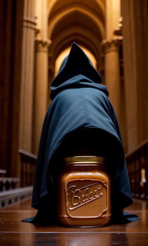 photo of a jar of peanut butter, wrapped in a dark cloak, in a dark cathedral,