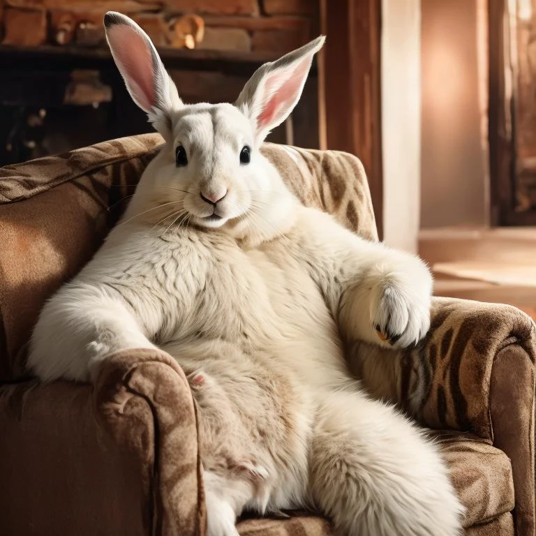 Giant rabbit sitting on the sofa at home,