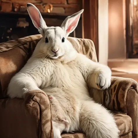 Giant rabbit sitting on the sofa at home,