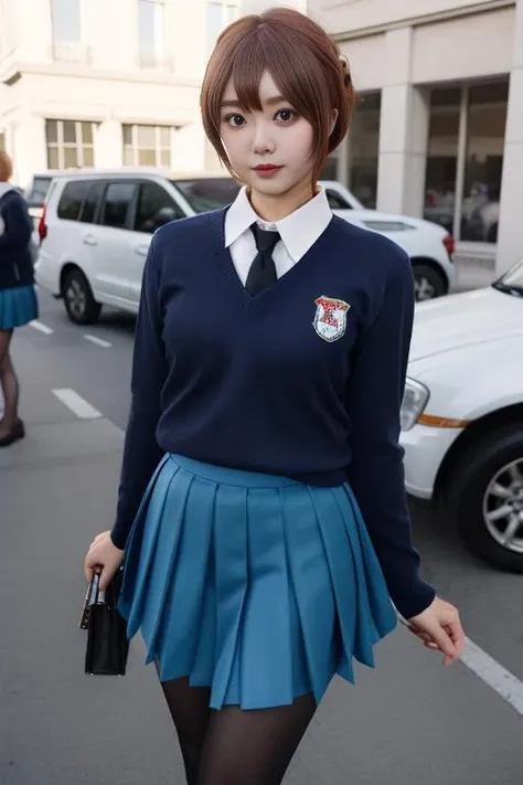 best quality, masterpiece, real,realistic, photo,photorealistic,looking at viewer,
1girl,cosplayer,
st. gloriana's school uniform,dark blue sweater, necktie,white collared shirt,blue pleated skirt, pantyhose, 
outdoors, 
<lora:st gloriana s school uniform_0812v2_02:0.7>