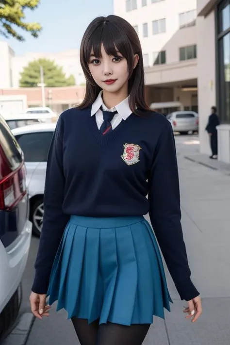 best quality, masterpiece, real,realistic, photo,photorealistic,looking at viewer,
1girl,cosplayer,
st. gloriana's school uniform,dark blue sweater, necktie,white collared shirt,blue pleated skirt, pantyhose,school emblem,
very long hair, black hair, blunt bangs, straight hair,
outdoors,
<lora:st gloriana s school uniform_0812v2_02:0.6>