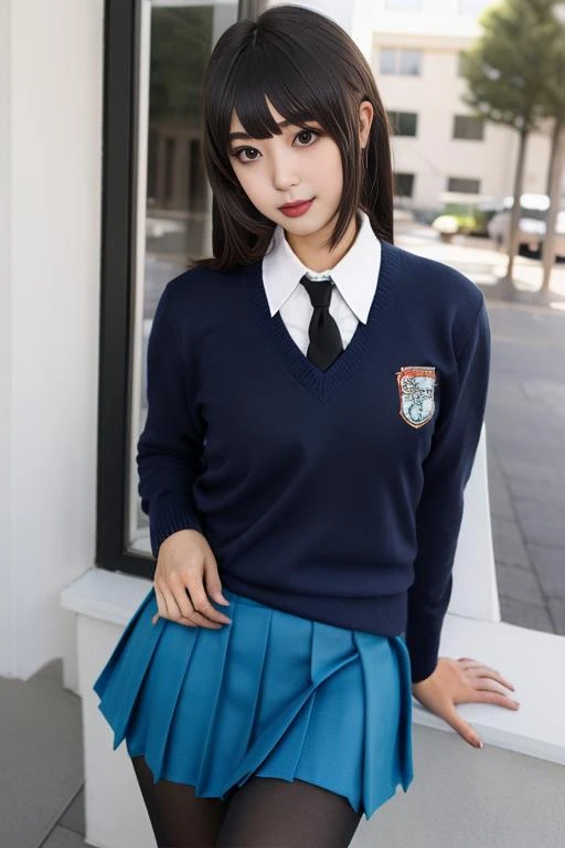 best quality, masterpiece, real,realistic, photo,photorealistic,looking at viewer,
1girl,cosplayer,
st. gloriana's school uniform,dark blue sweater, necktie,white collared shirt,blue pleated skirt, pantyhose,school emblem,
very long hair, black hair, blunt bangs, straight hair,
outdoors,
<lora:st gloriana s school uniform_0812v2_02:0.8>