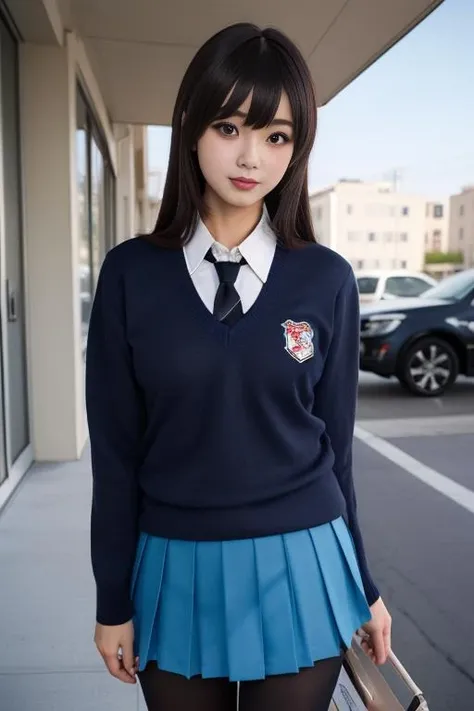 best quality, masterpiece, real,realistic, photo,photorealistic,looking at viewer,
1girl,cosplayer,
st. gloriana's school uniform,dark blue sweater, necktie,white collared shirt,blue pleated skirt, pantyhose,school emblem,
very long hair, black hair, blunt bangs, straight hair,
outdoors,
<lora:st gloriana s school uniform_0812v2_02:0.6>