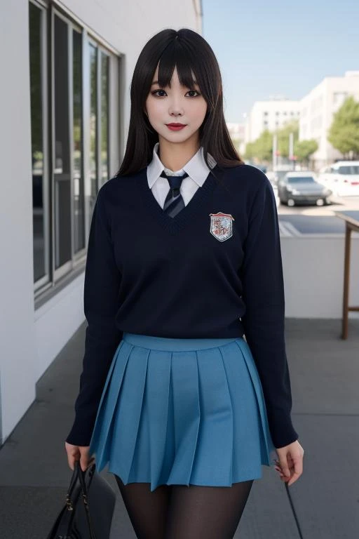 best quality, masterpiece, real,realistic, photo,photorealistic,looking at viewer,
1girl,cosplayer,
st. gloriana's school uniform,dark blue sweater, necktie,white collared shirt,blue pleated skirt, pantyhose, 
very long hair, black hair, blunt bangs, straight hair, 
outdoors, 
<lora:st gloriana s school uniform_0812v2_02:0.6>