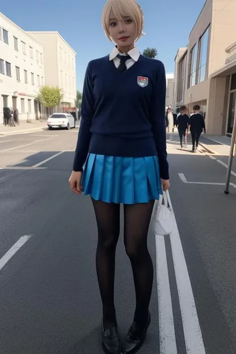 best quality, masterpiece, real,realistic, photo,photorealistic,looking at viewer,
1girl,cosplayer,
st. gloriana's school uniform,dark blue sweater, necktie,white collared shirt,blue pleated skirt, pantyhose,
outdoors,
<lora:st gloriana s school uniform_0812v2_02:0.7>