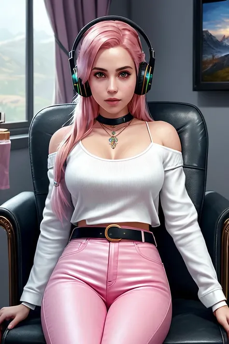 picture of (vit4100:1), a woman (wearing a white top and jeans), (with headphones on:1.2), (sitting on a chair playing videogames). modelshoot style, (extremely detailed CG unity 8k wallpaper), photo of the most beautiful artwork in the world, professional majestic oil painting by Ed Blinkey, Atey Ghailan, Studio Ghibli, by Jeremy Mann, Greg Manchess, Antonio Moro, trending on ArtStation, trending on CGSociety, Intricate, High Detail, Sharp focus, dramatic, photorealistic painting art by midjourney and greg rutkowski, (leather belt), ((in her bedroom)), (looking at viewer), (detailed eyes:1.2), (pink hair:1.2)