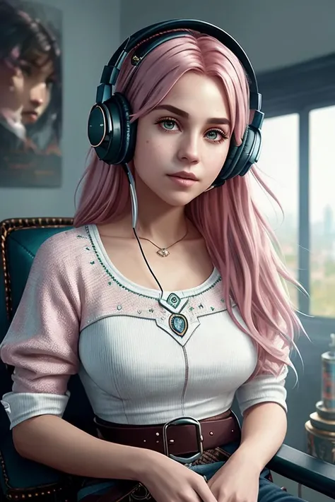 picture of (vit4100:1), a woman (wearing a white top and jeans), (with headphones on:1.2), (sitting on a chair playing videogames). modelshoot style, (extremely detailed CG unity 8k wallpaper), photo of the most beautiful artwork in the world, professional majestic oil painting by Ed Blinkey, Atey Ghailan, Studio Ghibli, by Jeremy Mann, Greg Manchess, Antonio Moro, trending on ArtStation, trending on CGSociety, Intricate, High Detail, Sharp focus, dramatic, photorealistic painting art by midjourney and greg rutkowski, (leather belt), ((in her bedroom)), (looking at viewer), (detailed eyes:1.2), (pink hair:1.2)