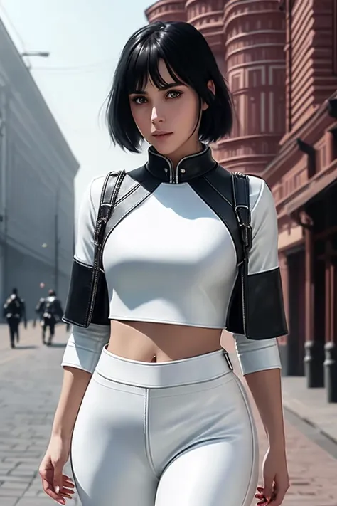 picture of (vit4100:0.99), a woman (wearing a white top with neckline:1.2), (wearing tight leather trousers:1.3), modelshoot style, (extremely detailed CG unity 8k wallpaper), photo of the most beautiful artwork in the world, professional majestic oil painting by Ed Blinkey, Atey Ghailan, Studio Ghibli, by Jeremy Mann, Greg Manchess, Antonio Moro, trending on ArtStation, trending on CGSociety, Intricate, High Detail, Sharp focus, dramatic, photorealistic painting art by midjourney and greg rutkowski, (waist chain), (walking down the street), (in moscow :1.2), (looking at viewer), (detailed eyes:1.2), (black hair with bangs:1.2), (perfect eyes:1.3)