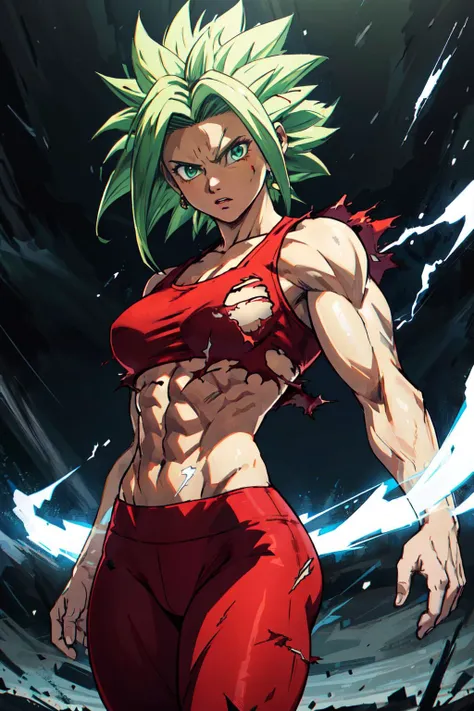 (masterpiece, best quality, ultra-detailed, highres, best illustration), 1girl,cowboy shot of beautiful xyzkefla <lora:KeflaGrapefruit:0.4>, super saiyan, green hair, green eyes, spiked hair, energy, (torn clothes), jewelry, aura, leggings, red clothing, detailed, sharp focus, dramatic, cinematic lighting, bodybuilder <lora:DoubleThickV2:0.6> <lora:EnvyBeautyMix09:0.6>,