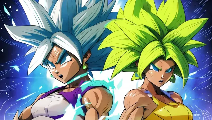 After an intense training session, Goku finds himself facing a formidable opponent in the form of Kefla, the fusion of Kale and Caulifla from Universe 6. As they step into the arena, both warriors are ready to push their limits and showcase their newfound power. Write a thrilling narrative of their epic battle, highlighting the clash of techniques, energy blasts, and transformations that unfolds as Goku and Kefla test their true strength against each other. Explore the dynamic between their characters and the determination that fuels their desire to come out on top <lora:KeflaGrapefruit:1>