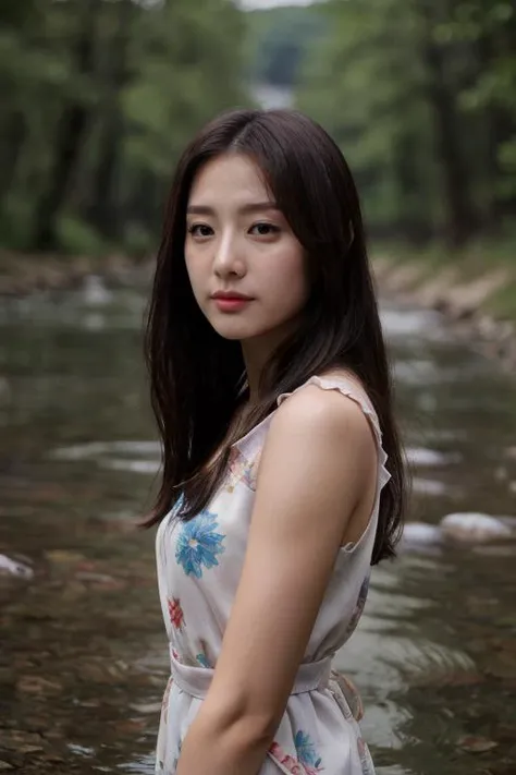 masterpiece, best quality, ultra-detailed, ultra high res, (photorealistic:1.4), raw photo, (realistic:0.2), CG, 8k HDR, cinematic lighting, 1girl, solo, looking at viewer, (simple drop waist dress, sleeveless), outdoor, (colorful), day, (half submerged in a river), meadow, upper body, lower body, asymmetrical hair, (detailed oily skin, medium breasts:0.8), (detailed face), (detailed background :1.1), closed mouth,