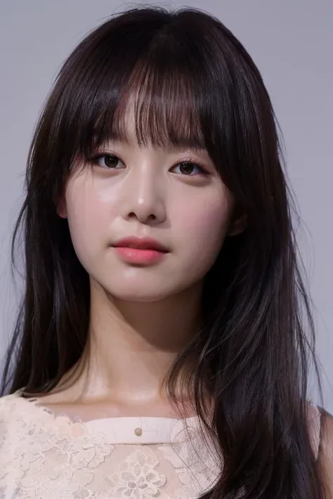 masterpiece, best quality, ultra-detailed, ultra high res, (photorealistic:1.4), raw photo, (realistic:0.2), 8k HDR, 1girl, solo, (looking at viewer), realistic lighting, asymmetrical straight hair, (detailed skin), (detailed face), ((simple gray background :1.1)), (upper body:1.2), simple dress, sleeveless,