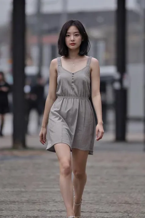 masterpiece, best quality, ultra-detailed, ultra high res, (photorealistic:1.4), raw photo, (realistic:0.2), 8k HDR, 1girl, solo, walking, (looking at viewer), realistic lighting, asymmetrical short hair, (detailed skin), (detailed face), ((simple gray background :1.1)), (full body:1.2), simple dress, sleeveless,